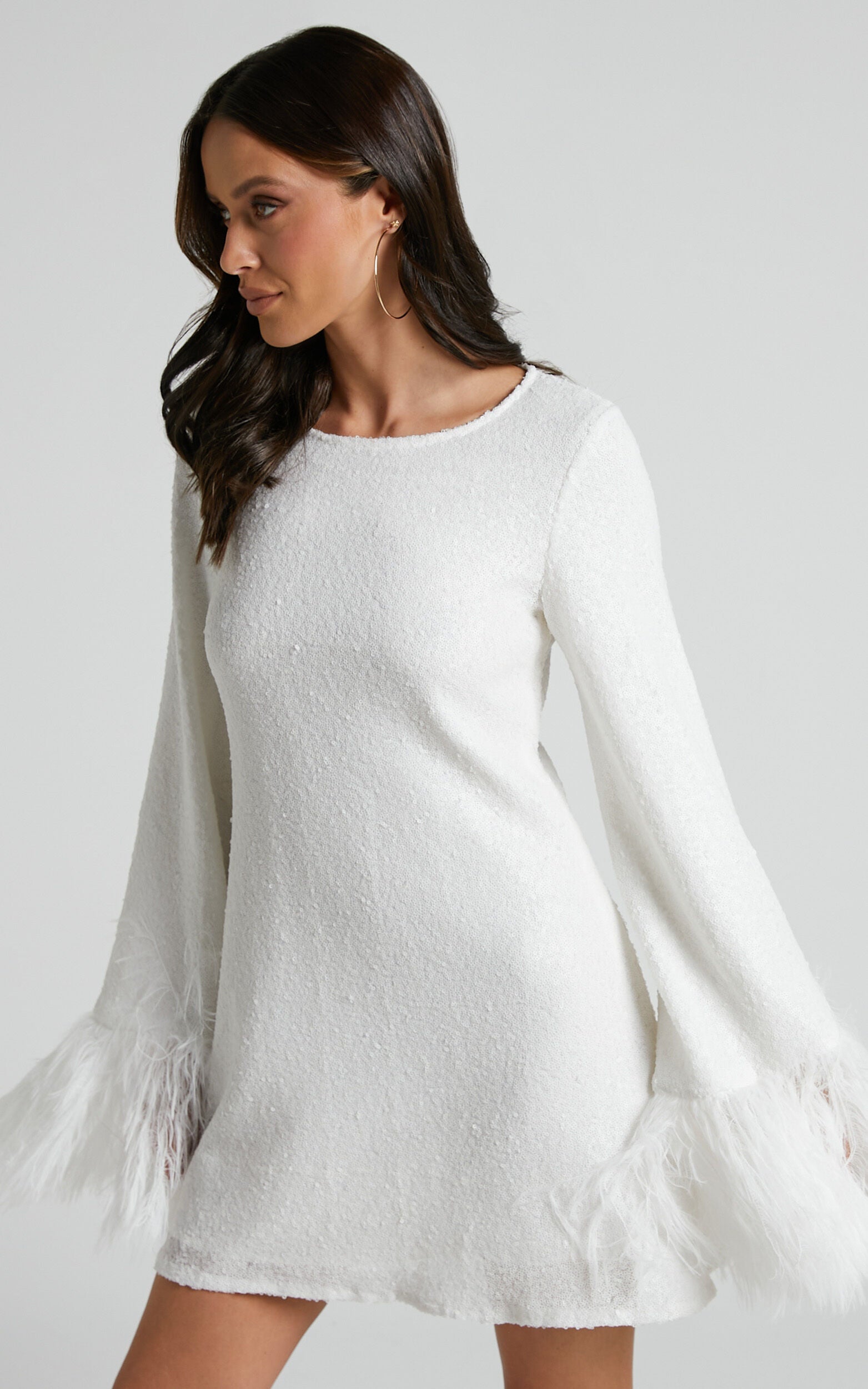 Rowella Mini Dress - Faux Feather Bell Sleeve Dress in White