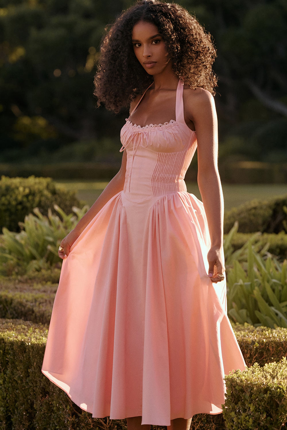 rose pink cotton halter midi sundress